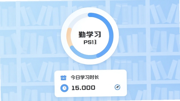 勤学app主界面预览图，画面中央显示学习进度环形图标，背景为淡蓝色渐变书架，图标下方有今日学习时长统计卡片，整体风格简洁明亮，扁平化设计，突出学习规划与效率主题