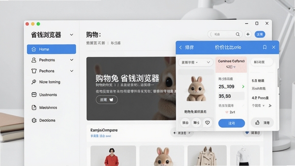 购物兔省钱浏览器主界面预览图，展示软件整体布局，左侧为功能导航栏，右侧为购物页面比价浮窗，背景为简洁的浅灰色桌面环境，整体风格清爽现代，突出软件名称与核心功能区域