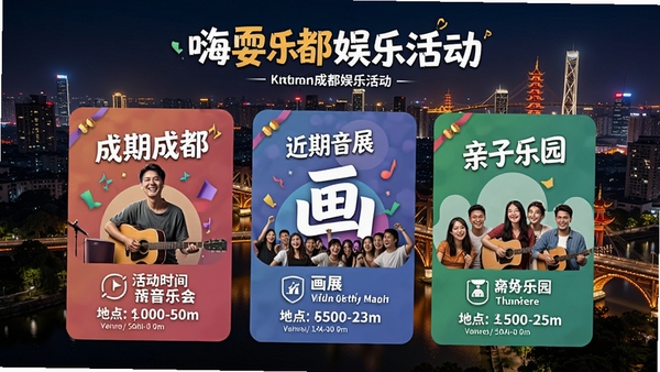 嗨耍成都娱乐活动页面，展示成都近期音乐会、画展、亲子乐园等活动海报，界面色彩丰富，配有活动时间与地点信息，背景为成都城市夜景，突出休闲娱乐多样性。