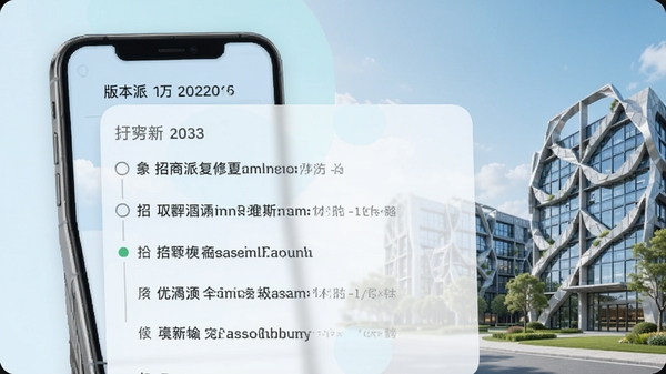 招商派更新日志截图风格，界面显示版本号与更新条目列表，背景有手机与园区建筑元素，色调清新，突出优化与修复要点