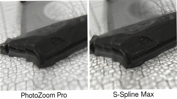 PhotoZoom Pro 算法对比示意图，展示同一图像区域在普通放大与 S-Spline Max 放大后的细节差异，边缘更锐利，纹理更清晰，背景为浅灰色网格，突出技术优势