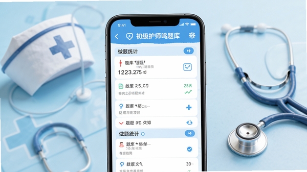 初级护师鸣题库主界面展示，手机屏幕显示题库列表和做题统计，背景为淡蓝色医疗风格，配有护士帽和听诊器元素，整体简洁明亮，高清渲染，产品展示风格