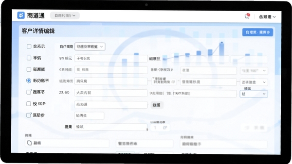 商道通软件客户详情编辑界面，展示自定义字段填写区域，界面布局规整，表单设计清晰，背景采用柔和的蓝白渐变色调，突出数据管理的条理性与便捷性