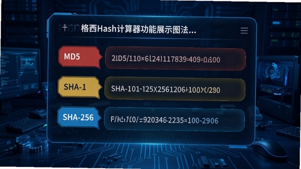 格西Hash计算器功能展示图,界面中同时显示MD5、SHA-1、SHA-256等多个算法的计算结果,每个结果对应不同颜色的标签,背景为深蓝色科技感桌面
