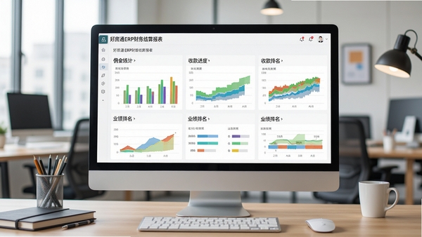 好房通ERP财务结算报表界面，展示佣金统计、收款进度、业绩排名等图表，背景为办公室场景，电脑屏幕显示彩色数据图表