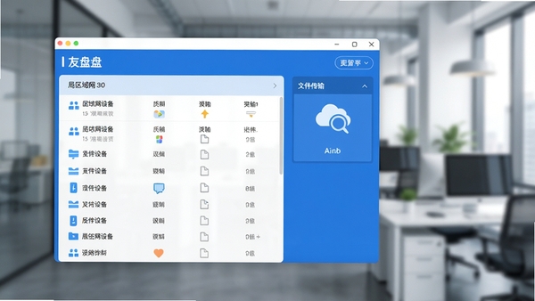 友盘软件主界面预览图，展示清晰的局域网设备列表与文件传输功能面板，界面风格简洁现代，以蓝白为主色调，背景为虚化的现代办公环境