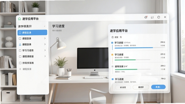 速学应用平台主界面预览图，展示软件整体布局，左侧课程目录，右侧学习进度面板，背景为现代简约书房，整体色调清新明亮，突出软件的专业与便捷
