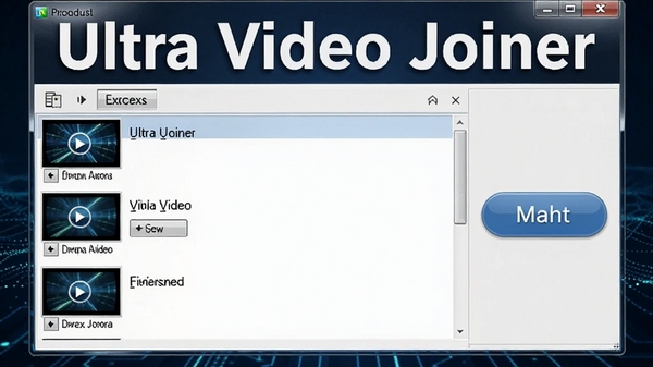 Ultra Video Joiner软件界面预览图，主窗口显示多个视频文件列表和合并按钮，背景为深蓝色科技感风格，整体画面清晰明亮，突出软件名称Ultra Video Joiner，产品展示角度，高清渲染