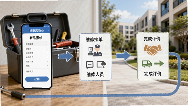 招商派物业工单处理流程图，画面展示手机上报修页面、维修人员接单、完成评价三个步骤，背景有工具箱和园区环境，风格写实，强调服务闭环与效率