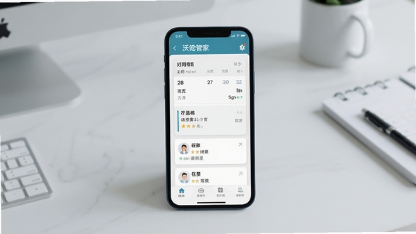 沃德管家主界面展示,手机屏幕内显示清晰的日程列表与任务卡片,背景为简约的浅灰色办公桌面,整体风格干净明亮,突出软件的高效与专业感。