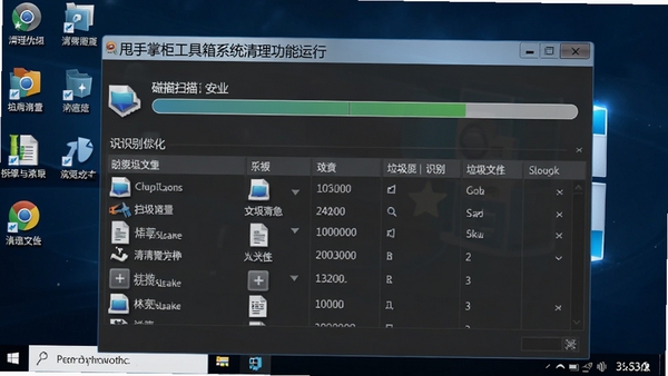 甩手掌柜工具箱系统清理功能运行界面,界面显示磁盘扫描进度条和已识别的垃圾文件列表,背景为系统桌面,整体画面清晰,突出软件清理优化效果