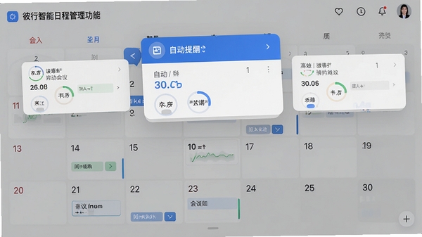 彼行智能日程管理功能界面截图,画面以日历视图为背景,上方悬浮着自动识别生成的会议提醒卡片,风格简洁现代,配色以蓝色和白色为主,突出智能与高效。