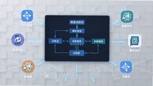 随星播软件功能示意图，画面中央为数据流解析流程图，周围环绕着不同的协议图标，背景为浅灰色科技网格，突出软件的技术感与专业性