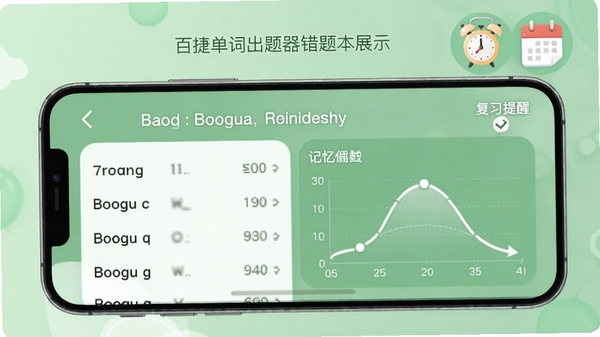 Boogu生成,百捷单词出题器错题本界面展示,手机画面中显示单词列表和记忆曲线图表,背景为柔和的绿色护眼色调,配有小闹钟和日历图标,强调复习提醒功能