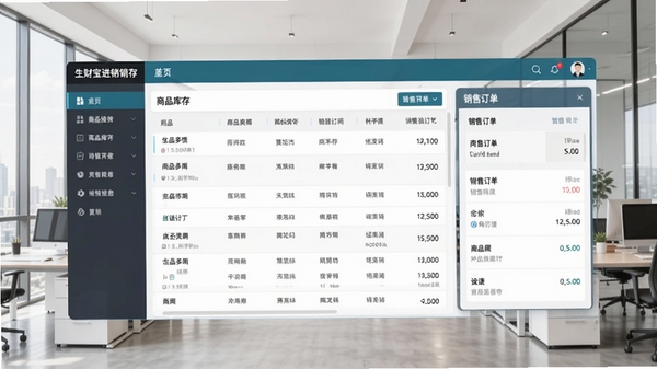 生财宝进销存主界面预览图，展示左侧功能导航栏，中间为商品库存列表，右侧为销售订单看板，整体界面风格简约商务，色彩搭配专业，背景为现代化办公室场景，画面清晰明亮