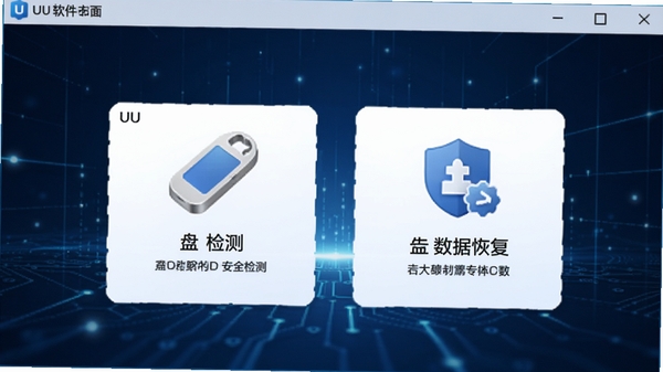 UU盘软件主界面预览图，展示U盘检测与数据恢复两大核心功能模块，界面风格简洁清晰，背景为深蓝色科技感氛围，突出软件专业性与数据安全主题