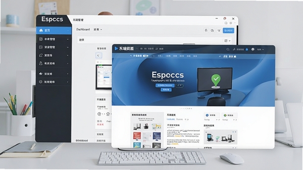 Espcms软件主界面预览图，展示后台管理面板与前端页面切换效果，整体风格简洁明亮，左侧为功能导航栏，右侧为内容编辑区域，背景为浅灰色工作台环境