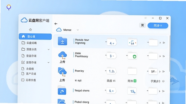 云盘网客户端主界面预览图,展示简洁的云端存储面板,左侧为文件分类导航栏,右侧为文件列表区域,背景为淡蓝色渐变,整体风格现代清爽,突出文件上传与同步功能,画面中应包含云盘网客户端名称标识,细节丰富,色彩明亮