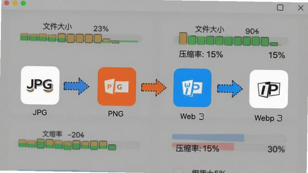 七彩色淘宝图片批量处理工具的格式转换功能演示，界面展示JPG、PNG、WebP图标之间转换的图形化箭头，背景有代表文件大小的数据条和压缩率百分比示意图，风格简洁直观