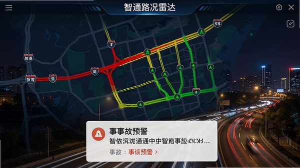 智通路况雷达界面，地图上显示红黄绿三色路况线条，底部弹出事故预警卡片，背景为夜间城市灯光，整体观感专业清晰
