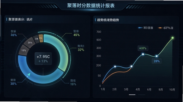 聚落时分数据统计报表页面，展示环形图与趋势折线图，背景为深色模式界面，数据高亮显示，整体风格科技感强