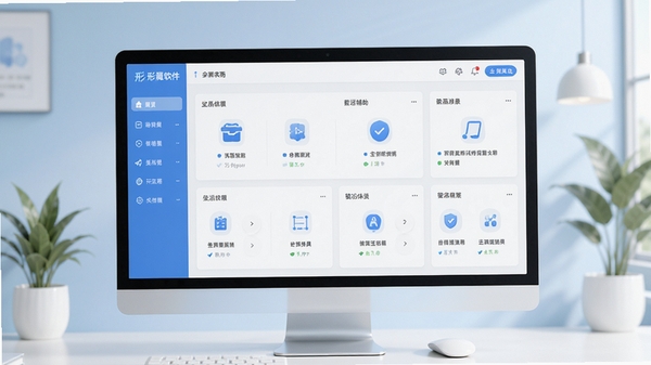 形翌软件主界面预览图，展示其整洁的功能布局和模块化设计，背景为现代简约风格，搭配柔和的蓝白色调，整体画面明亮清晰，突出其生活辅助工具的定位。