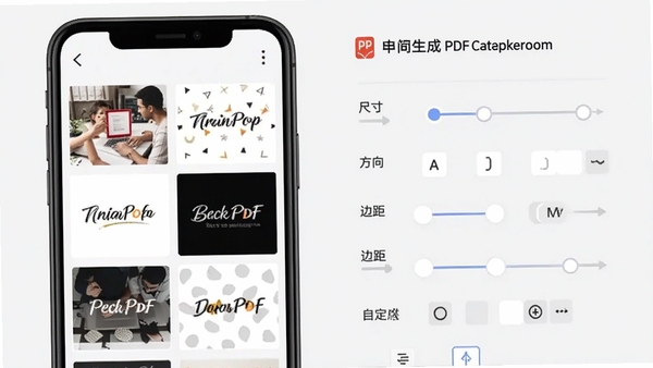 一键简易生成PDF参数设置界面,展示页面尺寸、方向、边距等调节选项,手机屏幕显示各种模板和自定义选项,背景浅灰色,突出软件名称