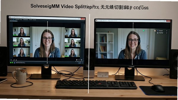 SolveigMM Video Splitter无损切割功能示意，展示视频片段分割前后对比，画面清晰无损失，背景为工作台环境