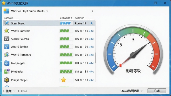 Win10优化大师启动项管理界面，列出各个开机启动软件及其影响等级，配以速度仪表盘图标，界面清晰易懂