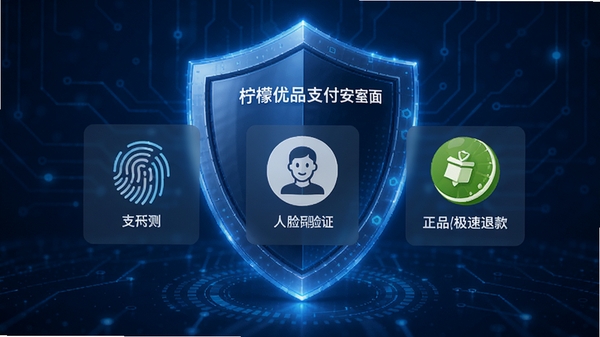 青柠优品支付安全界面,显示指纹支付、人脸识别等验证方式,以及正品保障、极速退款等图标,背景为蓝色科技感盾牌图案,传达安全可靠的信息,整体设计严谨专业
