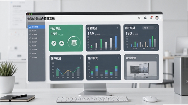 金智企业综合管理系统的软件主界面预览图，画面中央显示系统仪表盘，包含待办审批、考勤统计、客户概览等模块卡片，背景为浅灰色办公桌面，整体风格简洁明亮，突出软件名称与功能布局