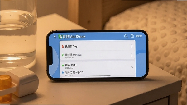 一张智能手机横屏显示智愈MedSeek应用界面的场景图，屏幕中展示用药提醒功能，界面有清晰的药品名称和服用时间列表，手机放置在床头柜上，旁边有水杯和药盒，整体光线温暖，强调应用在日常生活场景中的实用辅助作用。