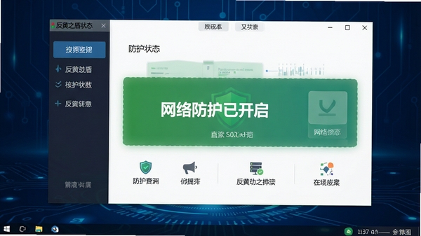 反黄之盾主界面截图，展示软件核心功能布局与简洁的防护状态面板，背景为深蓝色科技感桌面，界面中央显示“网络防护已开启”状态，整体风格专业清晰