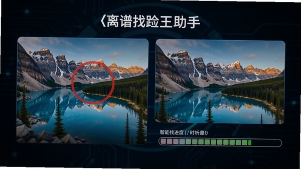离谱找茬王助手智能识别功能演示图，屏幕上有两张几乎相同的风景图片，其中一处差异被红色圆圈标注，旁边有分析进度条，背景为深色，突出科技感，画面清晰明了
