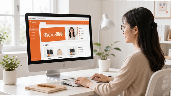 淘宝小小助手使用场景图,用户坐在电脑前,屏幕上显示软件的主界面,桌面干净整洁,光线明亮,呈现出高效办公与轻松购物的氛围