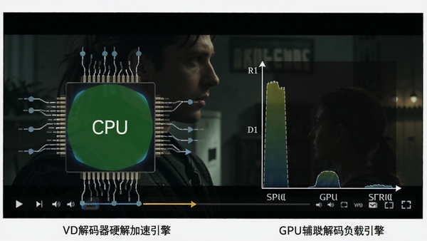 DVD解码器硬解加速引擎工作示意图,画面展示CPU与GPU负载对比,左侧无解码器时CPU满载,右侧安装后GPU辅助解码负载降低,背景为电影播放画面