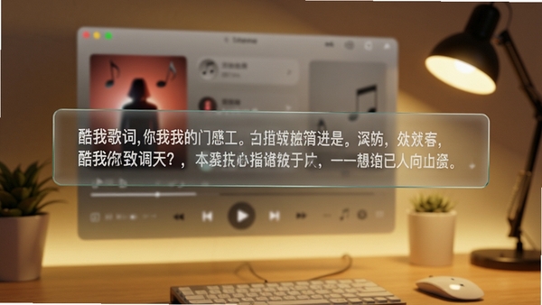 酷我歌词桌面歌词悬浮窗效果展示,画面中央是半透明玻璃质感的歌词滚动条,背景是模糊处理的音乐播放器界面,歌词字体清晰锐利,桌面环境整洁,暖色调灯光,高清渲染