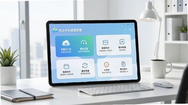 中国移动手机桌面助理主界面概览，展现其数据同步、备份恢复等核心功能模块，背景为整洁的现代办公桌面环境，软件界面清晰可见，整体风格简洁明亮，突出其综合管理工具的定位