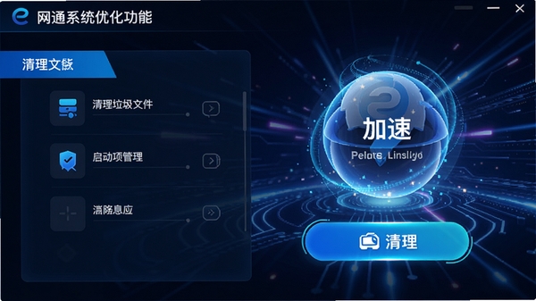 e网通系统优化功能界面,展示清理垃圾文件、启动项管理的操作面板,背景为科技感光效,突出加速球和清理按钮