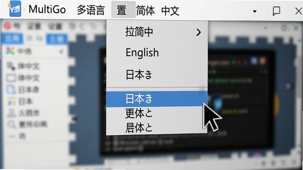 MultiGo多语言设置界面特写，展示软件菜单栏下拉列表，其中包含简体中文、English、日本等多种语言选项，界面清晰，鼠标指针正指向简体中文选项，背景为软件主窗口的模糊效果