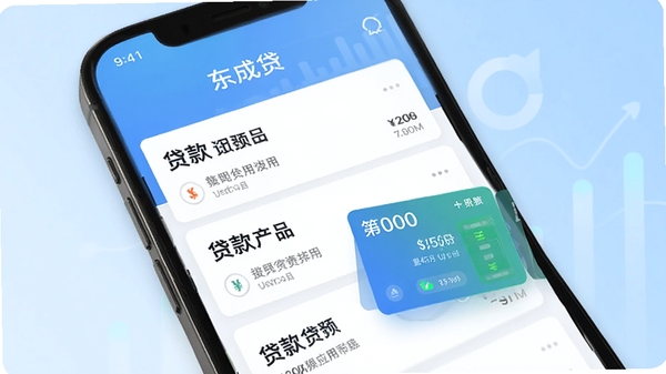 东成贷应用主界面预览图，手机屏幕展示贷款产品列表和信用额度卡片，背景为浅蓝色渐变，突出简洁现代金融科技风格