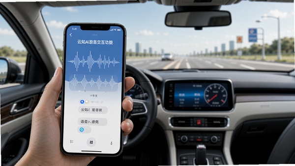 云知AI语音交互功能示意图,展示用户对着手机说话,界面显示语音波形并识别出文字指令,背景为驾驶舱视角,突出语音控制的便捷性