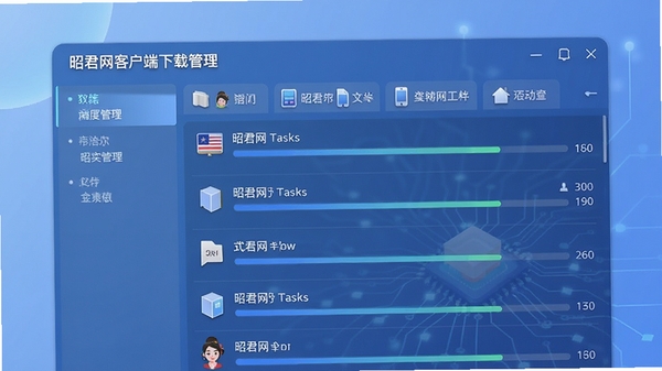 昭君网客户端下载管理界面，显示多个下载任务进度条，文件分类标签清晰，背景为柔和渐变蓝色，体现科技感与高效管理氛围