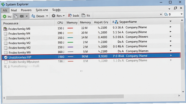 展示System Explorer的进程列表界面，突出显示进程的详细信息列，如CPU、内存、公司名，并高亮一个可疑进程，背景为浅灰色，界面清晰可读
