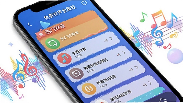 免费铃声全集软件主界面预览图，手机屏幕展示热门铃声榜单列表，背景为音乐波形图与音符元素，整体色调活泼明快，突出海量铃声资源库特点