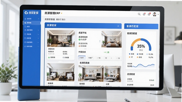 房管家ERP房源管理界面操作演示,展示房源卡片信息与客源匹配度百分比,界面采用蓝白配色,数据清晰,展示软件核心功能