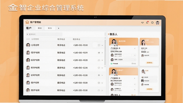 金智企业综合管理系统的客户管理界面预览图，画面显示客户列表与联系人卡片，包含公司名称、联系电话、最近跟进时间，背景为浅橙色商务风格，突出软件名称