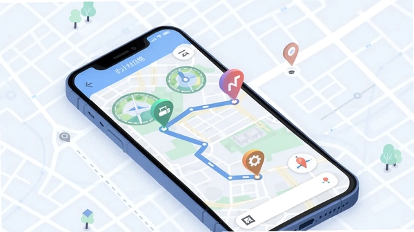 云上丝路智能行程规划功能示意图,画面主体为手机界面上的地图路线绘制过程,途经点与终点以不同颜色图标标记,背景为简洁的街道网格图,整体风格扁平化设计,科技感与实用性并存