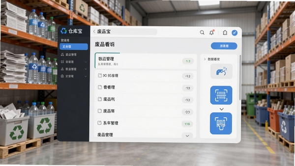 废品宝仓库端软件主界面预览图，画面中央展示废品分类管理列表，背景为整洁的回收仓库场景，货架上整齐码放着废纸、塑料瓶等可回收物，界面设计简洁明亮，突出数据看板与扫描功能图标，整体风格专业且现代，采用写实3D渲染风格，光线柔和，细节丰富，适配Boogu模型生成