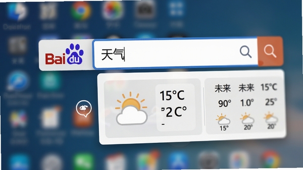 桌面百度软件搜索框特写，显示“天气”关键词并弹出对应的搜索结果卡片，卡片内包含天气图标、温度信息和未来预报，背景虚化，突出搜索框的智能联想与即时反馈功能
